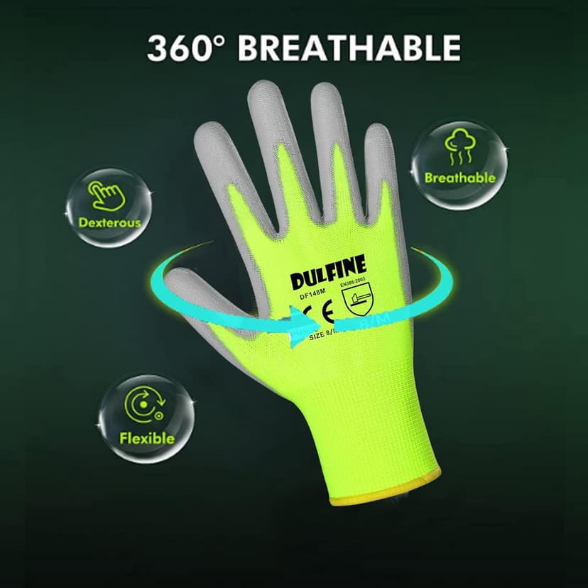 Safety Work Gloves for Men PU Coated 12 Pairs Bulk Pack,Hi-Vis Yellow Seamless Knit Glove with thin Polyurethane Coated Smooth Grip on Palm & Fingers, Ideal for General Duty Work (Large)