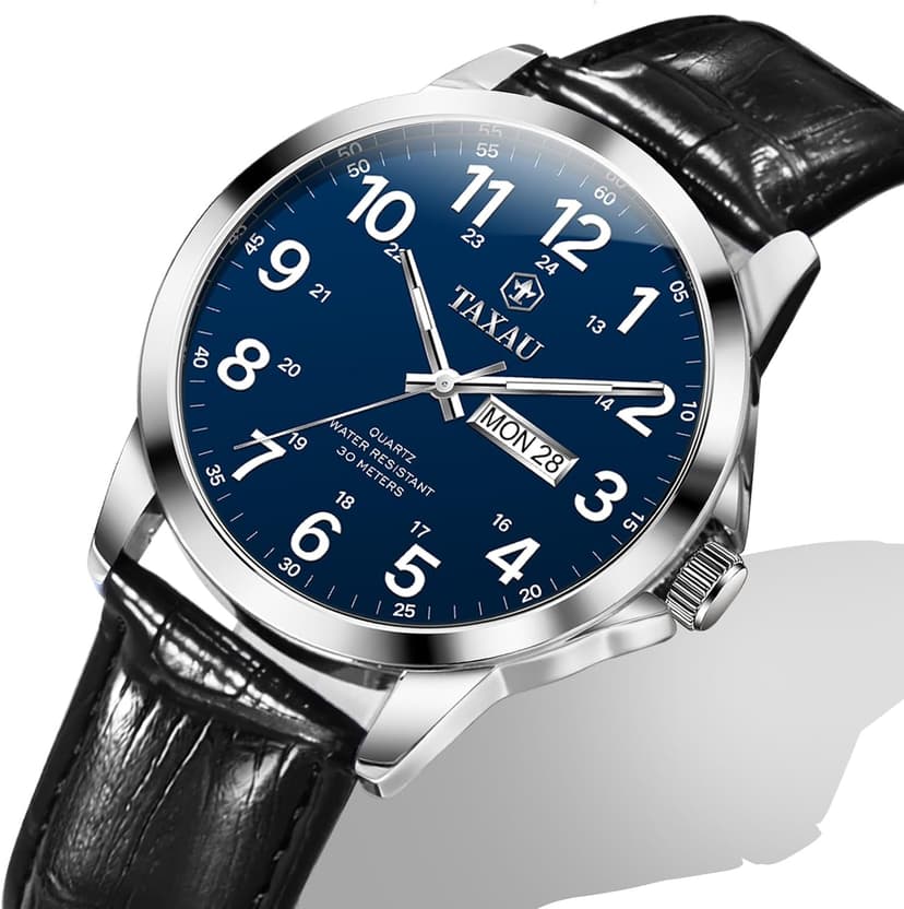 Taxau Men's Watches Leather Band Stainless Steel Quartz Analog Watch Luxury Waterproof Watches for Men Dress Men's Wrist Watch with Day Date Arabic Numeral Relojes para Hombre