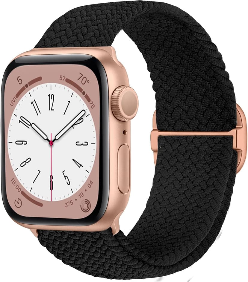 KYISGOS Stretchy Solo Loop Compatible with Apple Watch Band 42mm 41mm 40mm 38mm Women, Nylon Strap with Bling Pearl and Diamond Buckle for iWatch Series 11 10 9 8 7 6 5 4 3 2 1 SE (Black/Rose Gold)