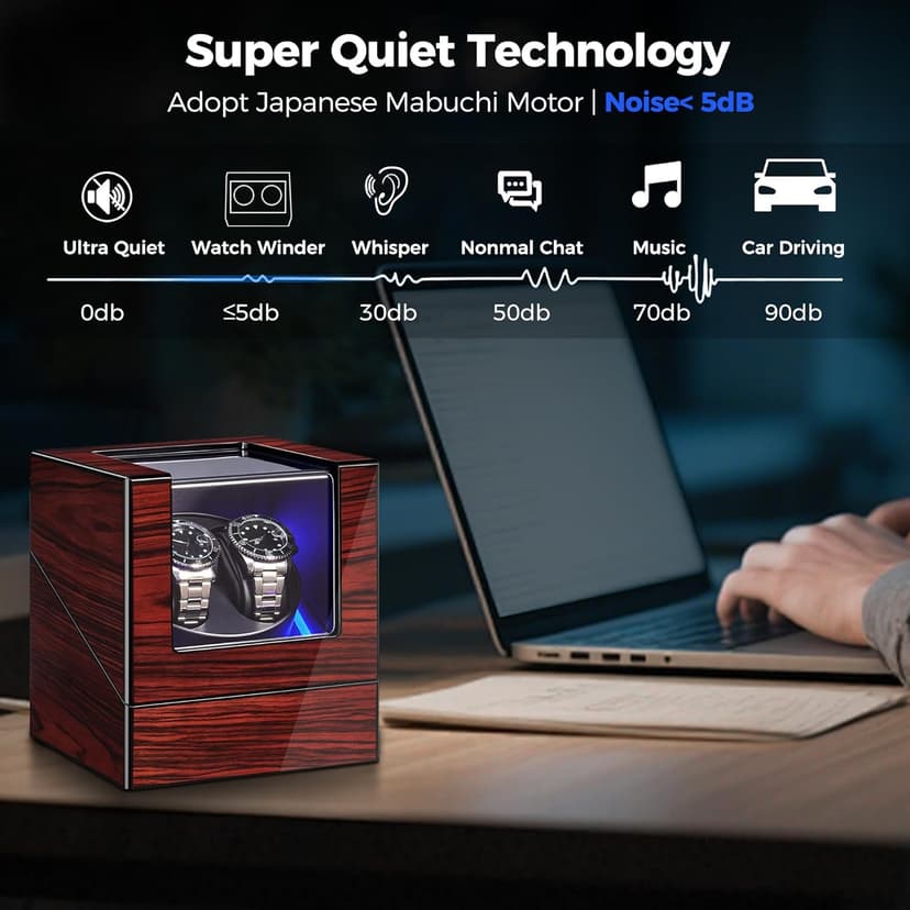 ANWBROAD ANWBROAD Watch Winder for Automatic Watches Double with Super Quiet Motor Flexible Watch Pillows LED Backlight Wooden 5 Modes Battery or Type-C Adapter UJWW001Y
