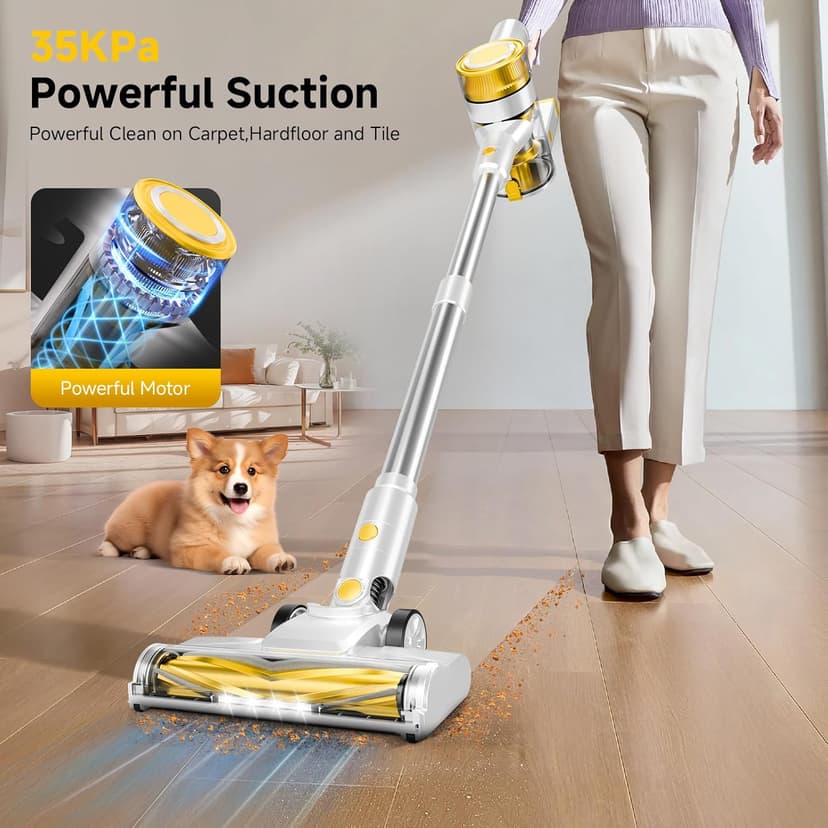 Cordless Vacuum Cleaner, 35Kpa Vacuum Cleaner for Home, 45Mins Stick Vacuum with LED Display, Anti-Tangle & Wall Mount Charging, 6 in 1 Lightweight Vacuum for Hard Floors, Carpet, Pet Hair (yellow)