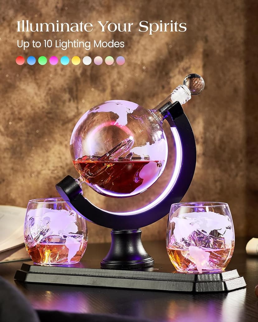 Gifts for Men Dad Christmas, Kollea Globe Whiskey Decanter Set with Space Rocket Inside, 7 Colors Led Liquor Decanter, Cool Gifts for Husband Brother Whiskey Lover, for Birthday Anniversary Home Bar