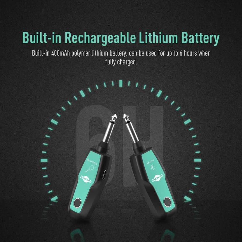 Wireless Guitar System 2.4GHz, Audio Wireless Transmitter Receiver with Rechargeable Battery, 30M/100ft Transmission Range, Auto Frequency Locking, for Guitar Bass Electric Instruments