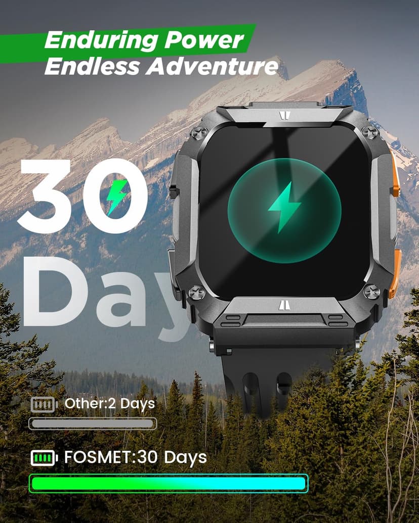 FOSMET Smart Watches for Men, 1.95'' Fitness Watch: Waterproof Military Smart Watch with 100 Days Battery Life/Call/Flashlight/Sleep/SpO2/Heart Rate Monitor/Step Tracker, Sport Smartwatch for Android iPhone