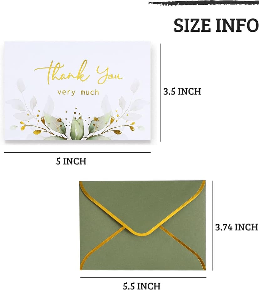 Winoo Design 100 PK Luxurious Gold Thank You Cards with Envelopes Bulk Sage Green - 5x3.5 Inches Wedding Thank You Notes Baby Shower Greenery Bridal Shower Small Business