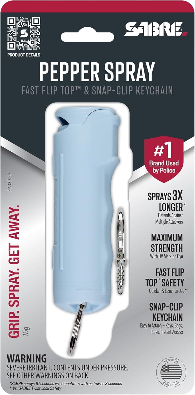 SABRE Pepper Spray - Fast Flip Top, Snap-Clip Keychain, Easy to Use & Carry, Maximum Police Strength OC Spray With UV Dye For Self Defense, 10 Second Spray Time, Finger Grip for Faster Aim,0.54 fl oz