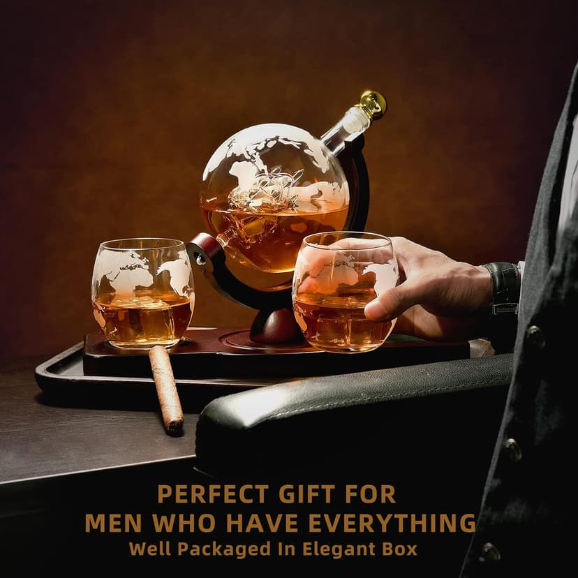 Gifts for Men Dad Husband from Wife Daughter Son, Unique Christmas Anniversary Birthday Gifts for Him, Whiskey Decanter Globe Set with 2 Glasses, Bourbon Scotch Liquor Cool Stocking Stuffers Presents