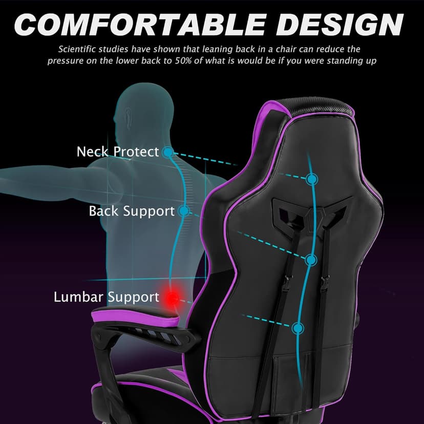 Vonesse Purple Gaming Chair with Footrest, Reclining Computer Gaming Chairs for Adults, Ergonomic Gamer Chair with Massage, Big and Tall PC Game Chair(Purple/Black)