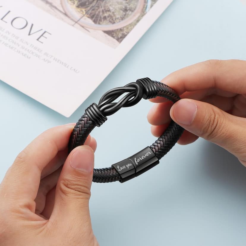 𝗞𝗻𝗼𝘁 𝗕𝗿𝗮𝗰𝗲𝗹𝗲𝘁 𝗚𝗶𝗳𝘁𝘀 𝗳𝗼𝗿 𝗠𝗲𝗻 Brown Braided Leather Stainless Steel Infinity Bracelets Lettering Love You Forever Gifts for Son Grandson Husband Boyfriend Brother Always Linked Together