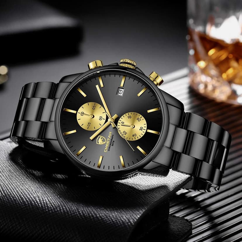 GOLDEN HOUR Fashion Business Mens Watches with Stainless Steel Waterproof Chronograph Quartz Watch for Men, Auto Date