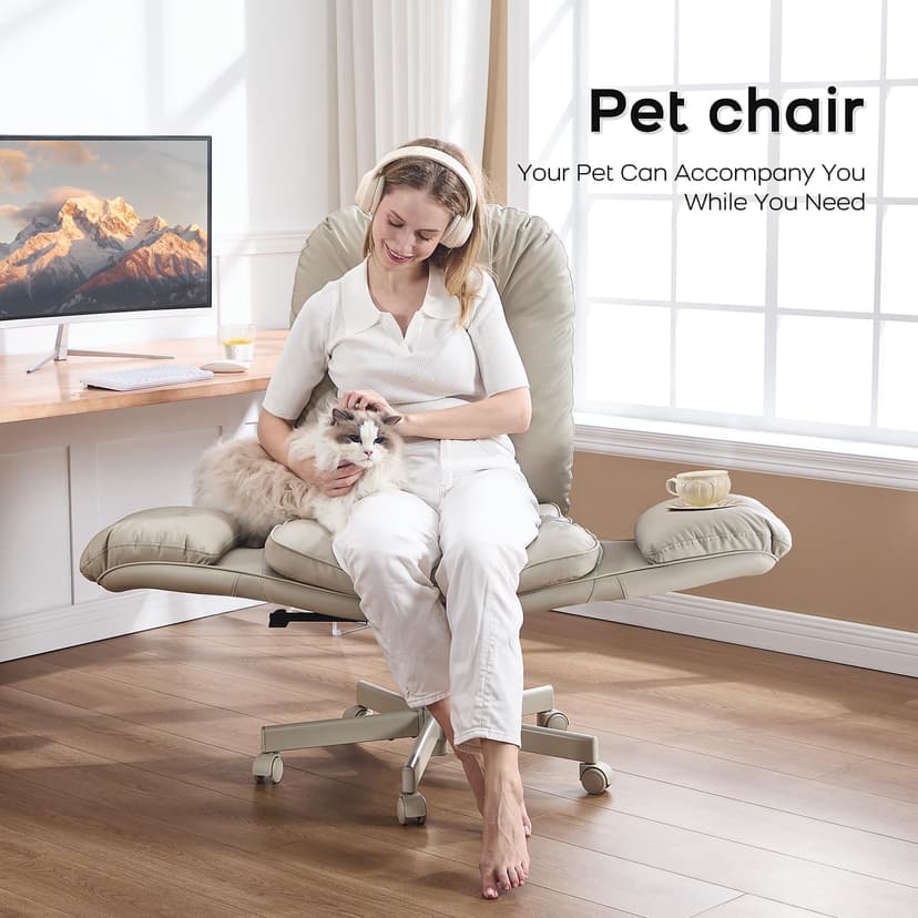 amseatec Criss Cross Chair with Armrests & Wheels for Cross-Legged Sitting, Comfortable Adjustable Swivel Office Desk Chair –PU Leather Vanity Chair for Home, Makeup and Bedroom (Cream)