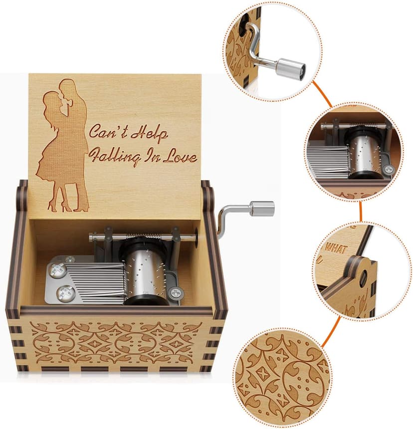 Can't Help Falling in lo Wood Music Box Hand-Operated Antique Engraved Cute Musical Boxes Gift for Love One, Boyfriend, Girlfriend, Husband,Wife Birthday/Wedding Day/Christmas Day Present