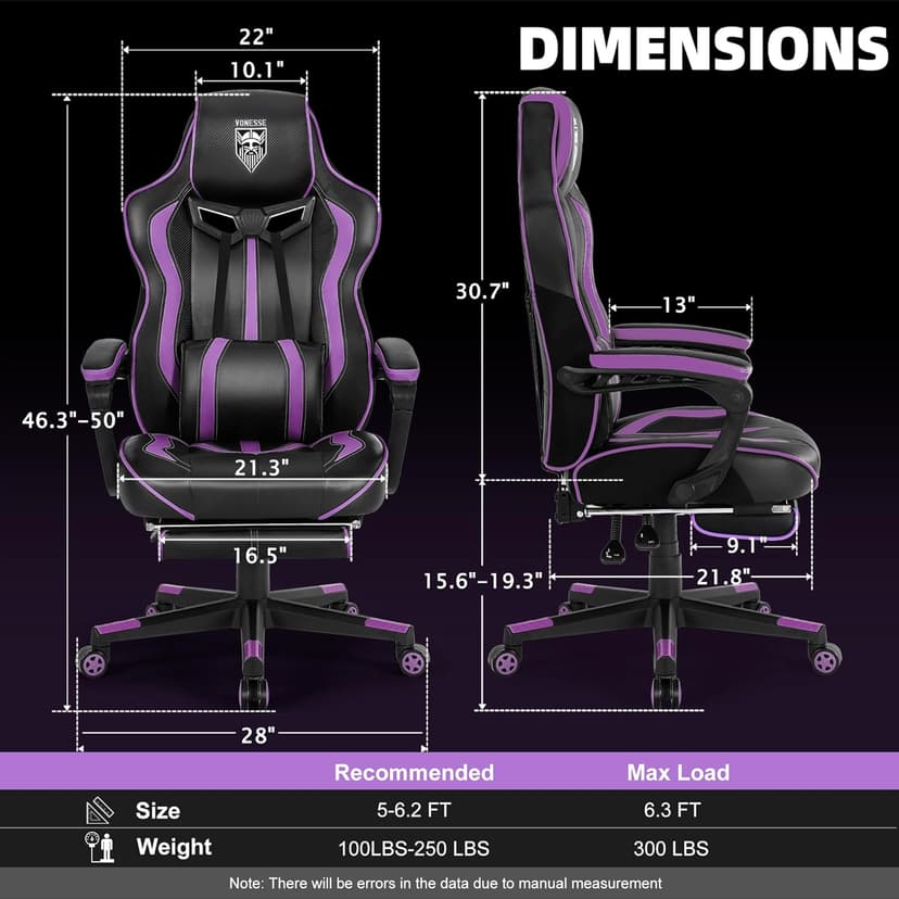 Vonesse Purple Gaming Chair with Footrest, Reclining Computer Gaming Chairs for Adults, Ergonomic Gamer Chair with Massage, Big and Tall PC Game Chair(Purple/Black)