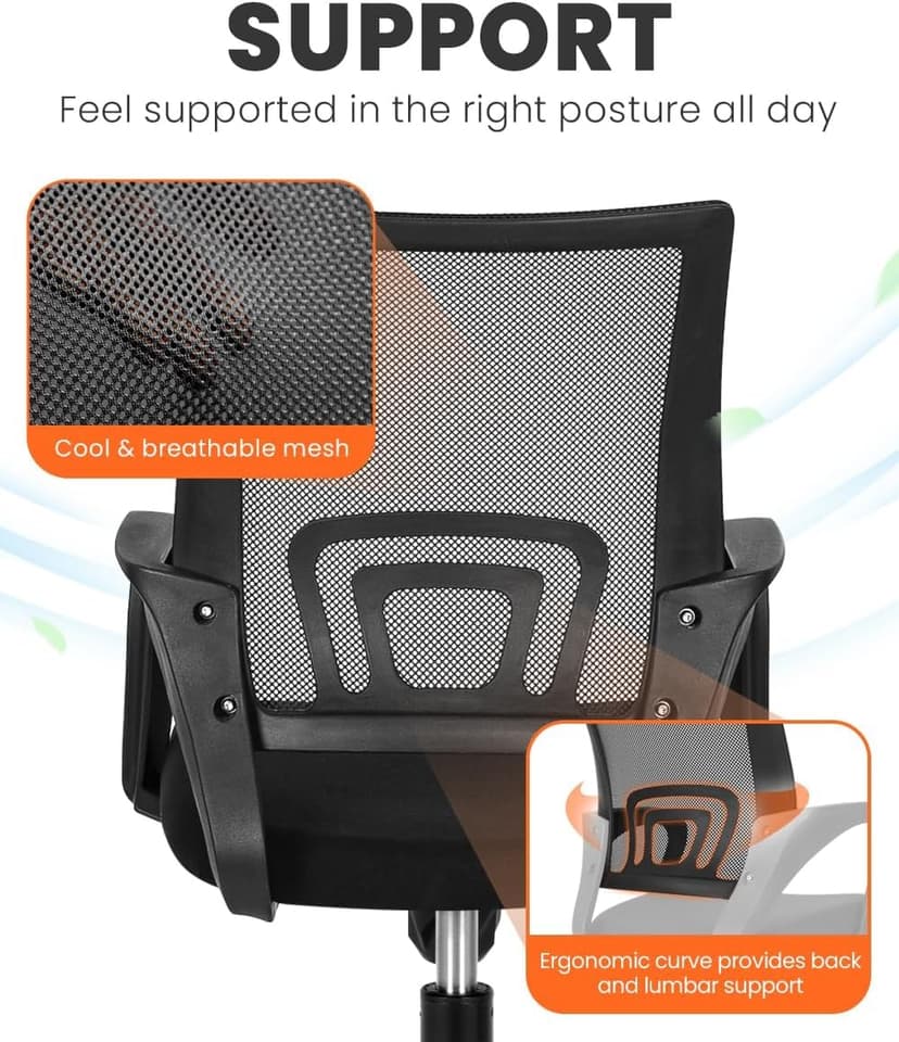 NEO CHAIR Office Desk Computer Chair Ergonomic Mesh Gaming Mid Back Seat with Comfy Lumbar Support Adjustable Height Swivel for Home Task (Black)