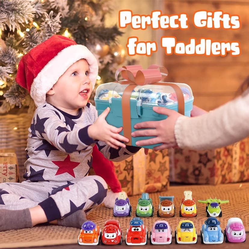 Mini Car Toys for 1 Year Old Boy Gifts, 12 Sets Pull-Back Trucks with Playmat/Storage Box for Toddlers Age 1-2, Baby Toys 12-18 Months, 1st Christmas Birthday Gifts for One Year Olds