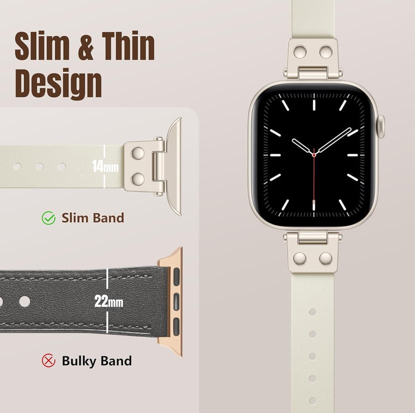 SNBLK Slim Leather Band Compatible with Apple Watch Bands for Women 40mm 41mm 42mm 44mm 46mm 49mm 38mm 45mm, Dressy Top Grain Genuine Leather Strap for iWatch SE Series 11/10/9/8/7/6/5/4/3/2/1 Ultra