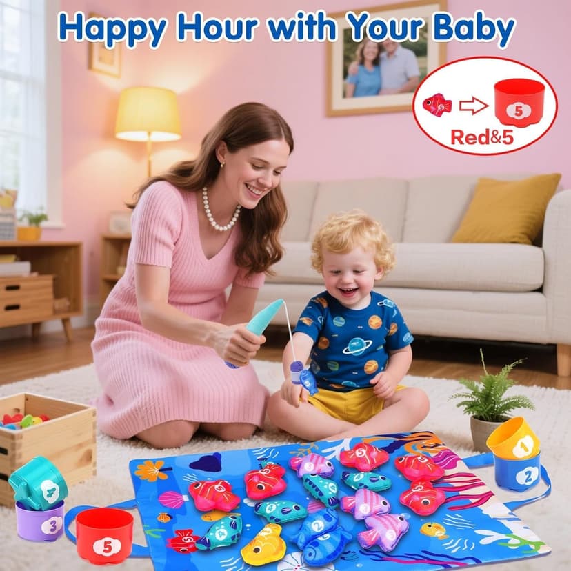 Montessori Toys for 1 Year Old - Cloth Fishing Game Toddler Toys Age 1-2 with Stacking Cups - Sorting Learning Baby Toy 12-18 Months - One Year Old Boy Girl First Birthday Gifts for 1 2 3 Year Old