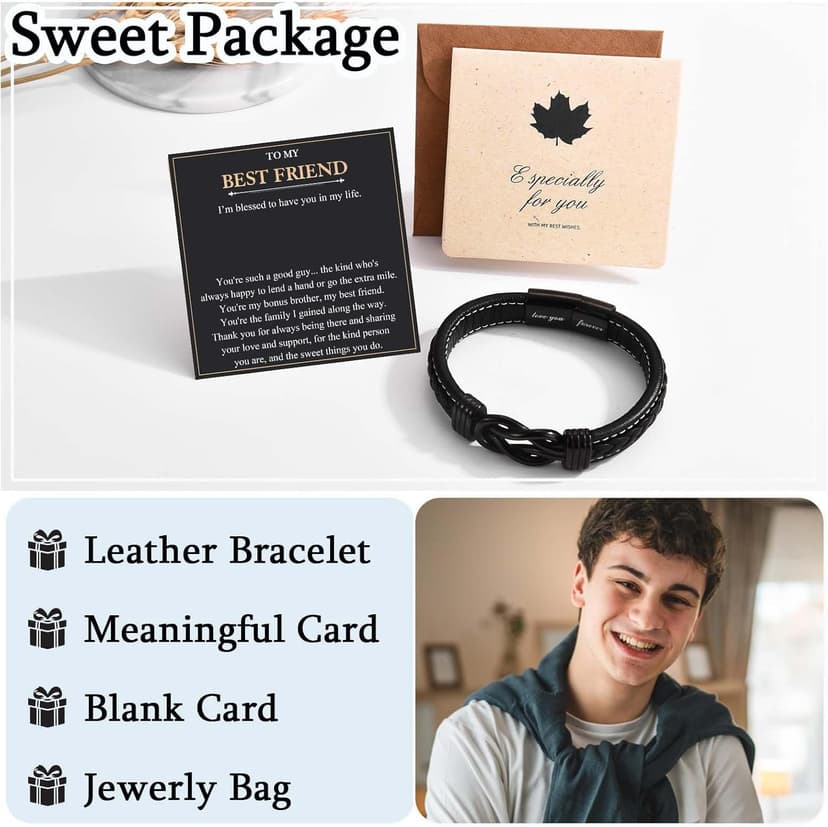 Love You Forever Leather Bracelet Gifts for Men Him Teen Boys, To My Brother Son Grandson Nephew Friend Dad Husband Christmas Birthday Valentines Fathers Day Graduation Back to School Gifts