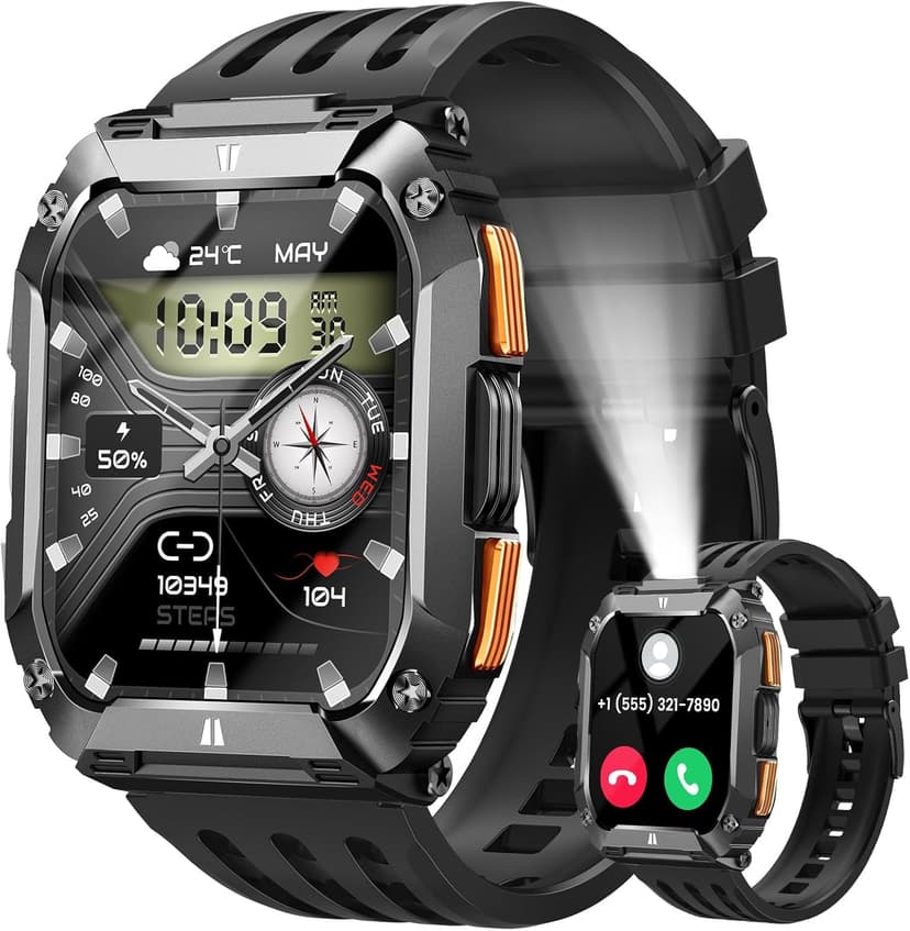 FOSMET Smart Watches for Men, 1.95'' Fitness Watch: Waterproof Military Smart Watch with 100 Days Battery Life/Call/Flashlight/Sleep/SpO2/Heart Rate Monitor/Step Tracker, Sport Smartwatch for Android iPhone