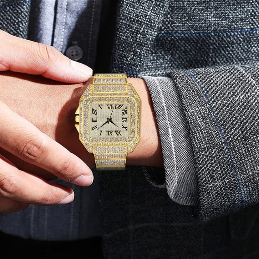 Apzzic Diamond Iced Out Watch CZ Gold Plated 40mm Width Roman Numerals Dial Quartz Wristband Watch for Men Women