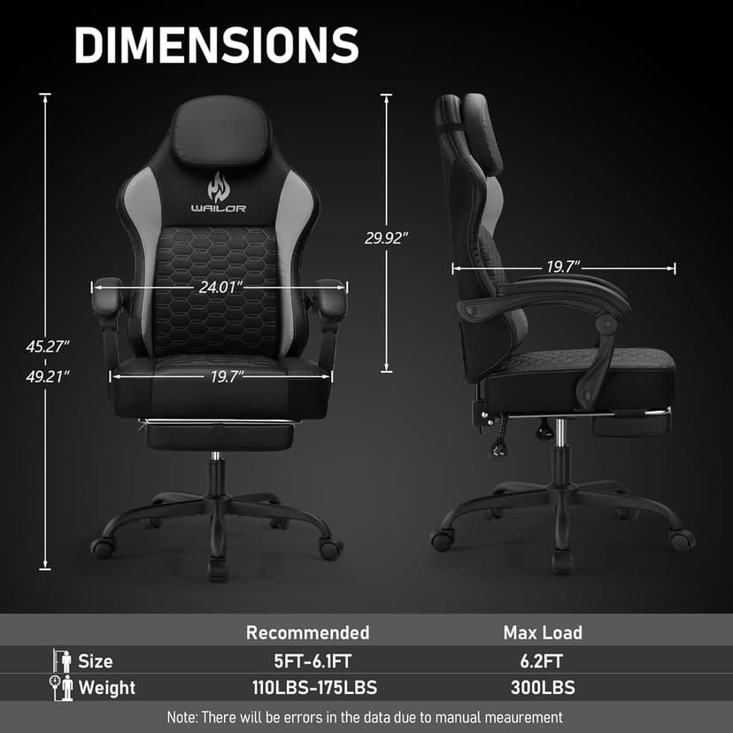 WAILOR Gaming Chair with Pocket Spring Cushion, Video Game Computer Chair with Footrest for Adults, High Back Gamer Leather Chair with Headrest and Lumbar Support for Office Gaming 300LBS