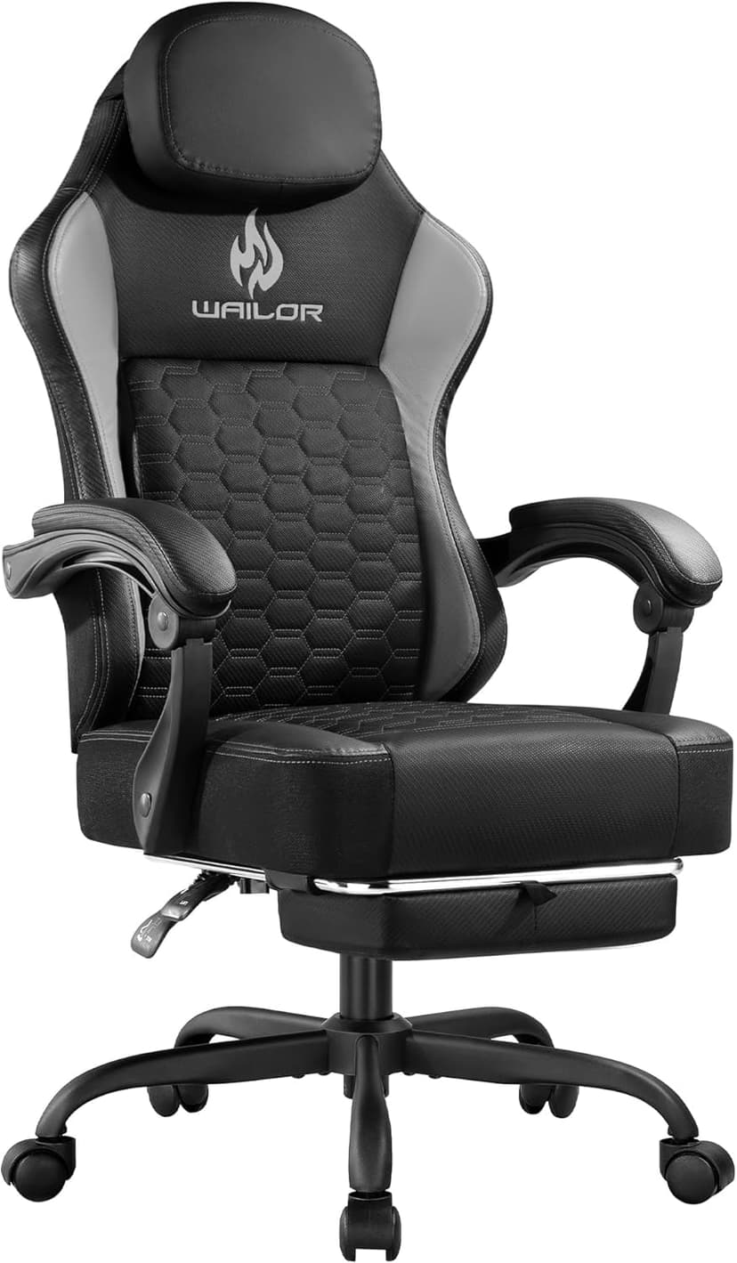 WAILOR Gaming Chair with Pocket Spring Cushion, Video Game Computer Chair with Footrest for Adults, High Back Gamer Leather Chair with Headrest and Lumbar Support for Office Gaming 300LBS