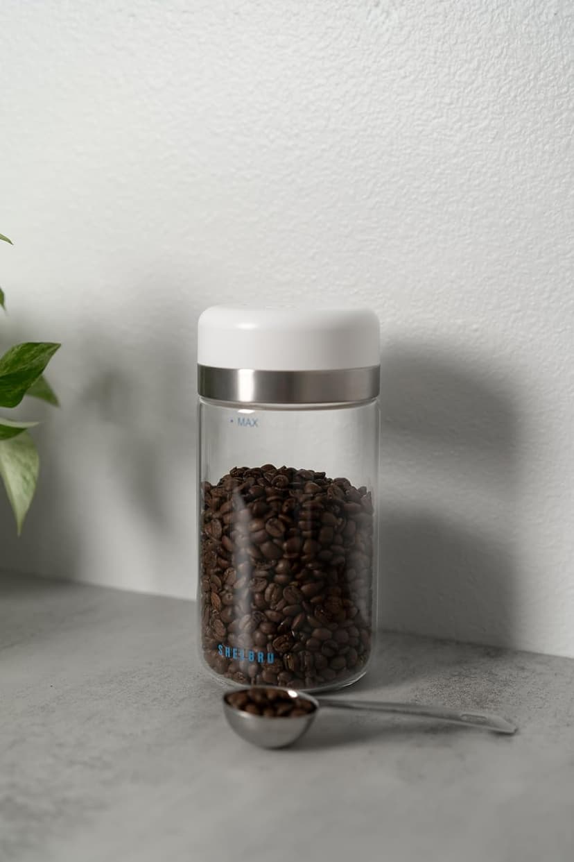 SHELBRU Smart Coffee Container & Food Storage w/Electric Vacuum Seal, Airtight Coffee Canister for Whole & Ground Bean Storage, Durable Borosilicate Glass Jar, Charging Cable Included, 10.5oz / 250g