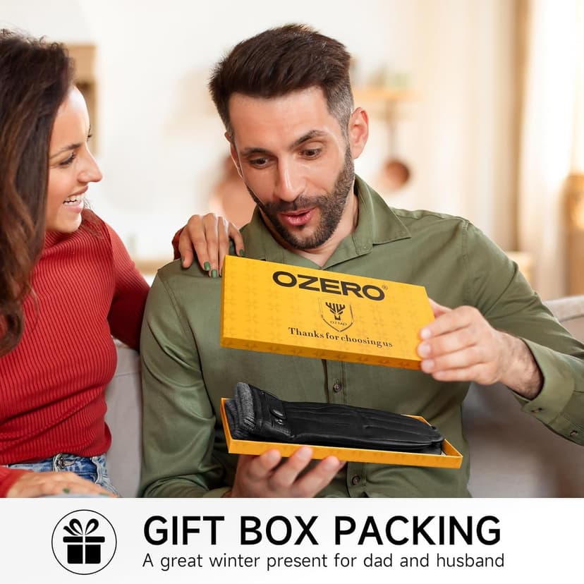 OZERO Mens Winter Gloves Nappa Leather Warm Wool Touchscreen Dress Glove - Thermal Gifts for Dad or Husband