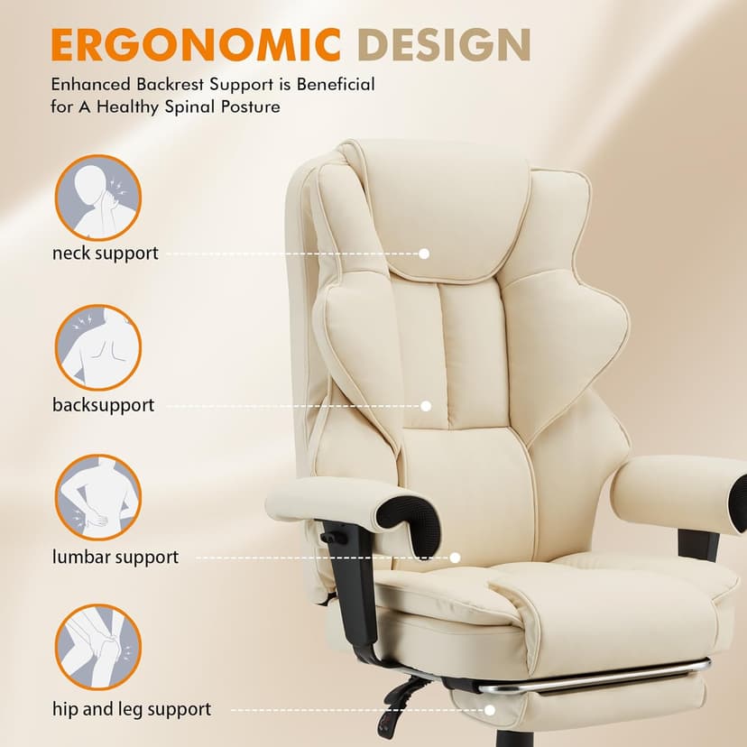 HOMREST 6-Point Massage Executive Chair,Heat Office Chair,Ergonomic Home Office Desk Chairs with Retractable Footrest and Reclining Function,Leather Computer Chair with Adjustable Armrest(‌Off White)