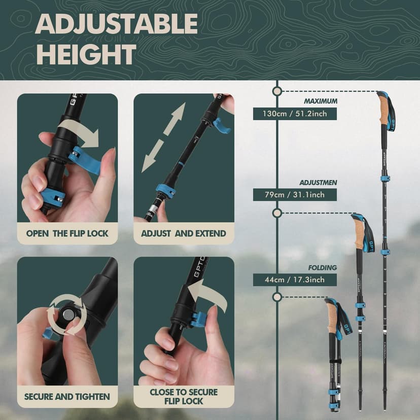 GPTCAMP Walking Sticks,Trekking Poles Collapsible Hiking Poles,Lightweight Folding Travel Walking Pole for Men Women,2pc Adjustable Hiking Stick with EVA Foam Grips for Backpacking