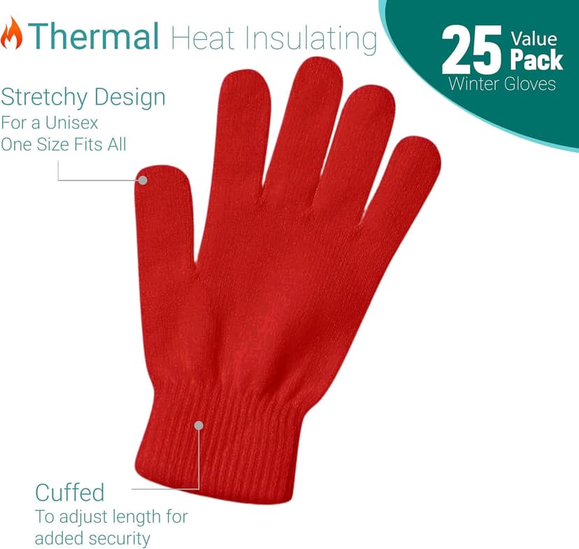 Winterlace 25 Pack Winter Gloves, Unisex Thermal Magic Glove Thick Knit Brushed Interior Bulk Bundle