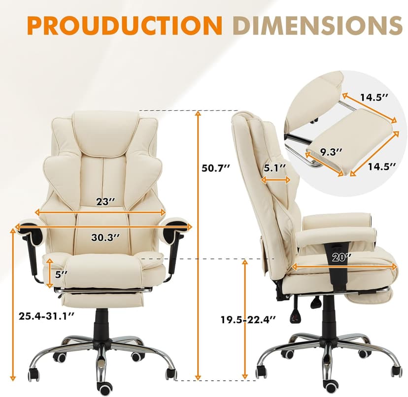 HOMREST 6-Point Massage Executive Chair,Heat Office Chair,Ergonomic Home Office Desk Chairs with Retractable Footrest and Reclining Function,Leather Computer Chair with Adjustable Armrest(‌Off White)