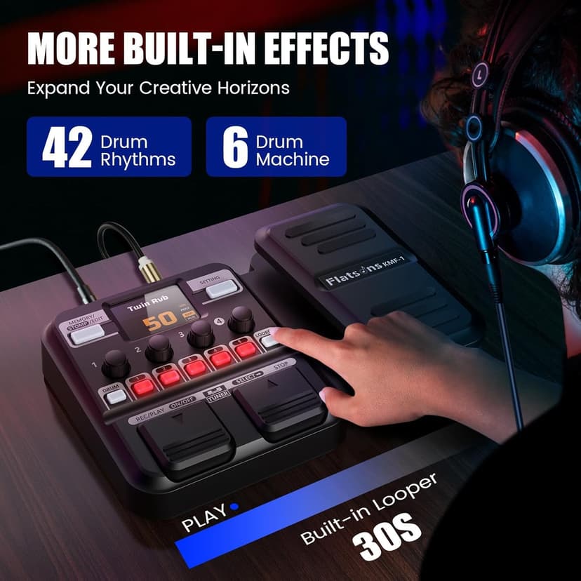 Flatsons KMF-1 Guitar Pedal, 77 Effects Guitar Multi Effects Pedal with 50 Preset, 42 Drum Rhythm, 18 Amp/Cab, Upgraded Color Screen, Aux In, Guitar Tuner Looper Expression Wah Volume Distortion Pedal