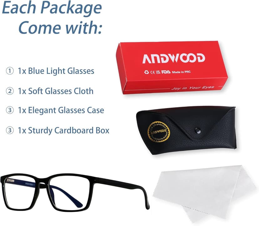 ANDWOOD Blue Light Blocking Glasses Men Women Computer Filter Large Frame Bluelight Blocker Anti Blue Ray Lightweight AR002