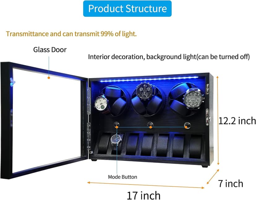 ORYX VISION Oryx Watch Winder for 4/6/9 Automatic Watches, Rotating Watch Box 5 Rotation Modes Setting Display Case with Extra Watch Storages and LED Light, Lockable Winders USB Powered Super Quiet Mabuchi Motor