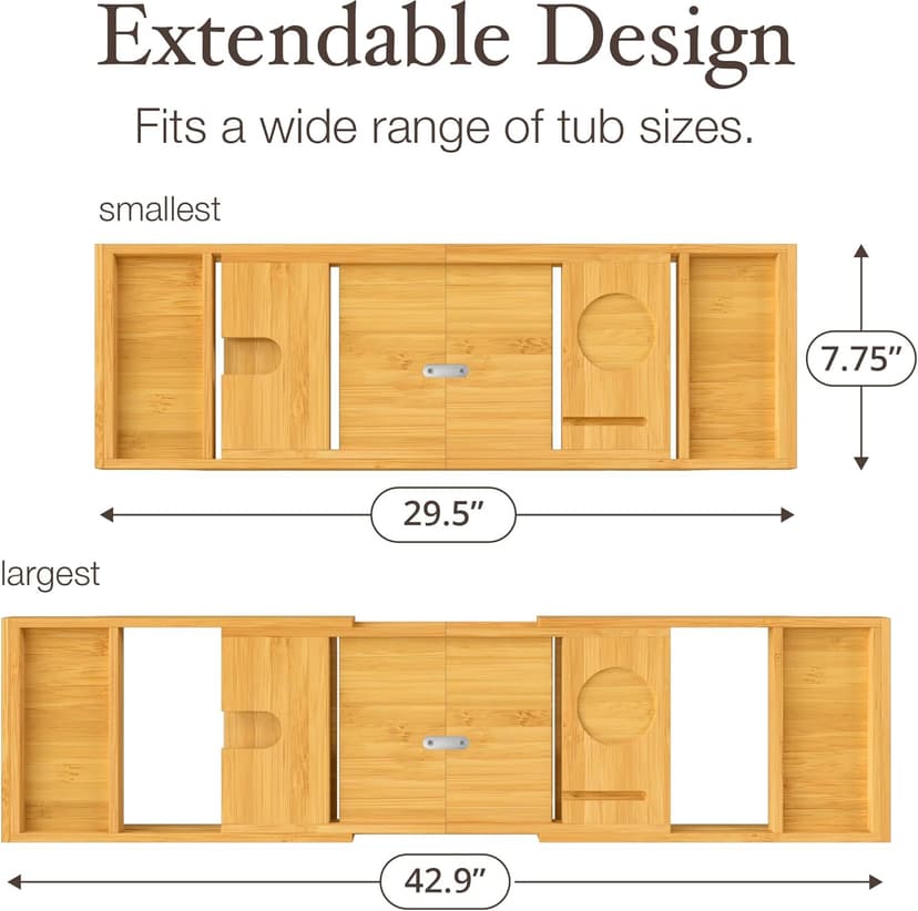 Bathtub Tray - Expandable Bamboo Bath Tray for Tub with Wine Glass Holder, Book & Tablet Stand - Wooden Bathtub Caddy Tray Table for Bathroom Accessories, Spa Relaxation, Housewarming & Wedding Gift