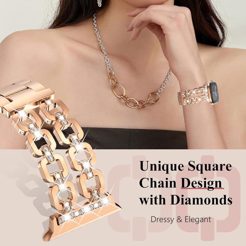 WINGLE for Apple Watch Band 42/46/38/40/41/44/45/49mm Women Designer Dressy Bands Fancy Chain Bracelet Stainless Steel Elegant Jewelry Metal Strap for iWatch Series 11 10 9 8 7 6 5 4 SE/Ultra 3 2 1