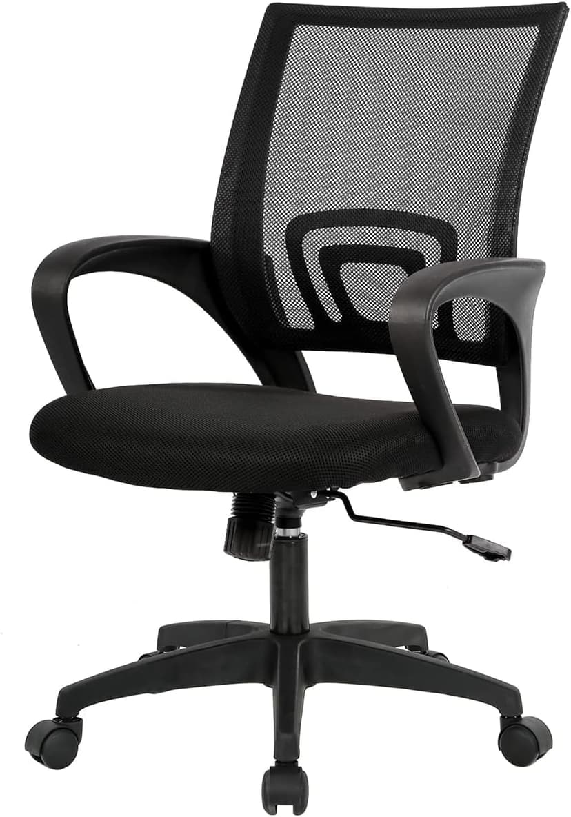 BestOffice | Ergonomic Office Chair | Mid-Back Swivel Desk Chair | Breathable Backrest & Lumbar Support | Adjustable Height | Sponge Seat | Rolling Wheels | Dark Black | for Adults & Women