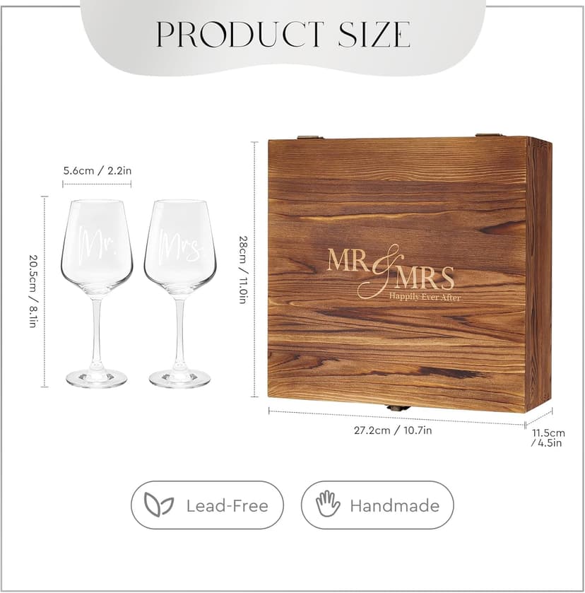 AW BRIDAL Wedding Gifts Bridal Shower Gifts Engagement Gift for Couples Newlyweds Mr & Mrs Wedding Wine Glasses Set of 2 - Wine Opener Wine Stopper with Engraved Wooden Keepsake Box
