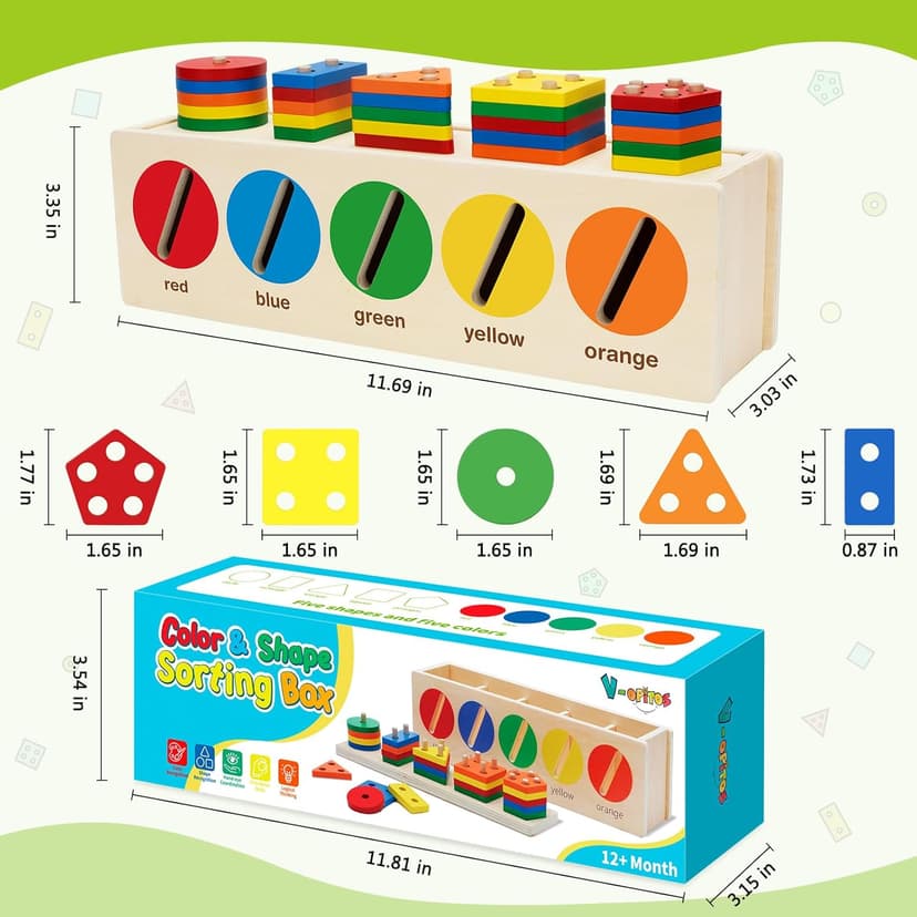 V-Opitos Montessori Toys for Toddler 1+ Year Old, Wooden Color & Shape Sorting Matching Box, Early Learning Toys for 12-18 Month, Age 1, 2, 3, Ideal Christmas, Birthday Gifts for Boy & Girl