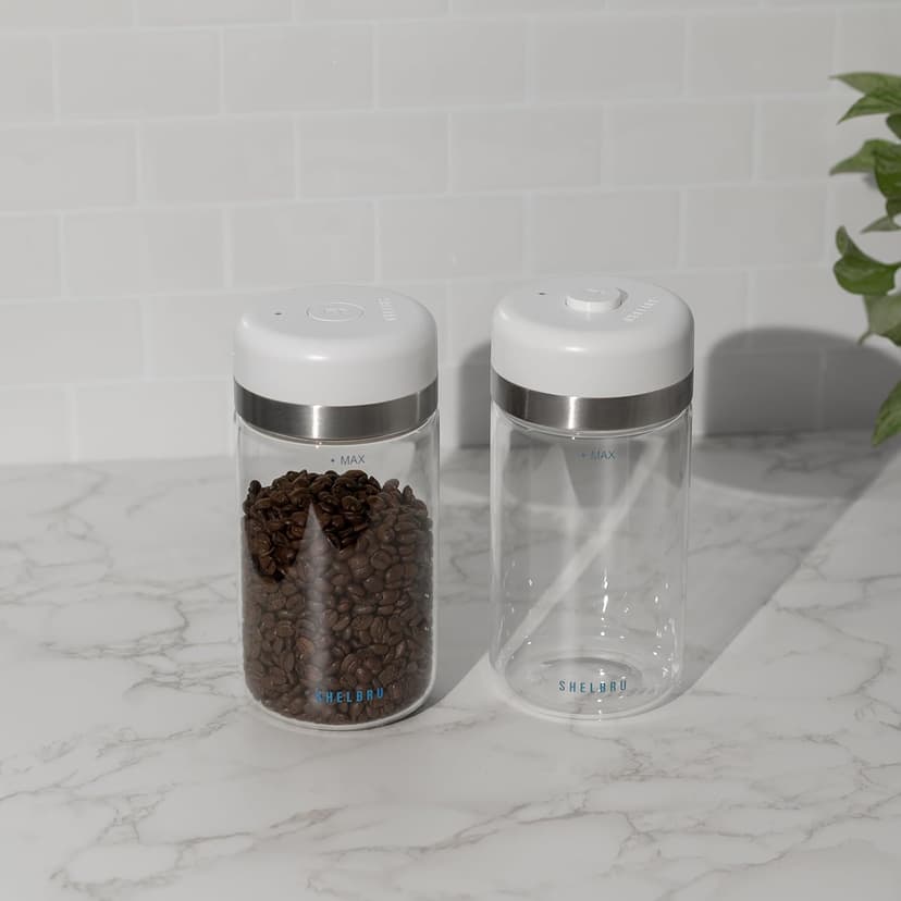 SHELBRU Smart Coffee Container & Food Storage w/Electric Vacuum Seal, Airtight Coffee Canister for Whole & Ground Bean Storage, Durable Borosilicate Glass Jar, Charging Cable Included, 10.5oz / 250g