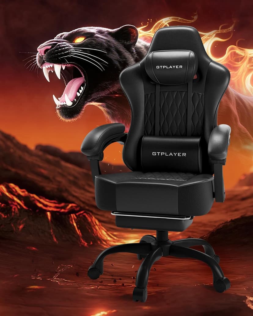 GTPLAYER Big and Tall Gaming Chair with Footrest, Ergonomic Office Desk Chair with 4.4in Thick Cushion and Wide Wingless Seat, Comfortable Leather Computer Chair, Predator Series, Black