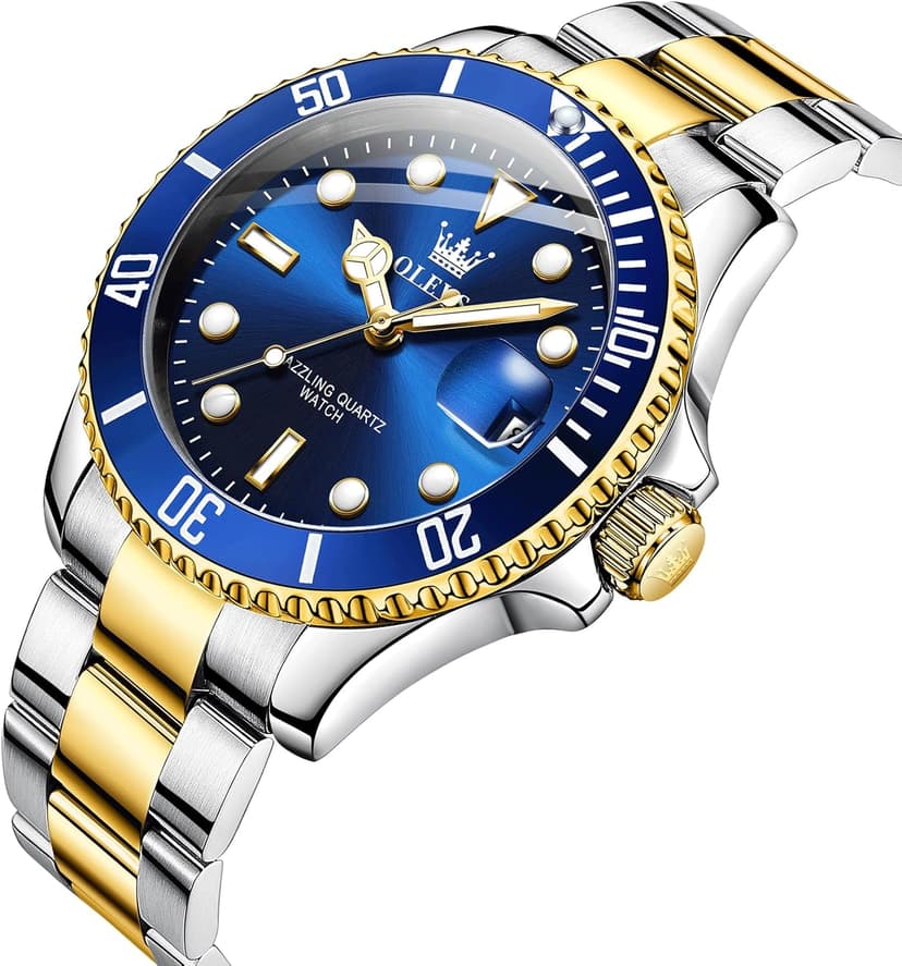 OLEVS Men's Stainless Steel Watch, Big Face Easy to Read Analog Quartz Dress Watches, Classic Rotating Bezel Waterproof Luminous Hands Date Mens Wristwatch
