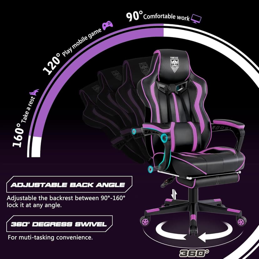 Vonesse Purple Gaming Chair with Footrest, Reclining Computer Gaming Chairs for Adults, Ergonomic Gamer Chair with Massage, Big and Tall PC Game Chair(Purple/Black)