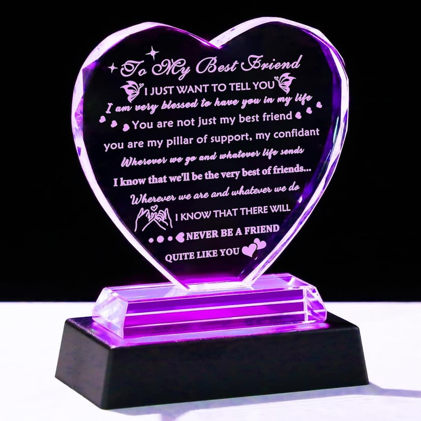 YWHL Best Friend Birthday Gifts with LED Base Bestie Gift for Women Crystal Heart Friendship BFF Gifts for Women Gift Ideas for Best Friend Female on Christmas