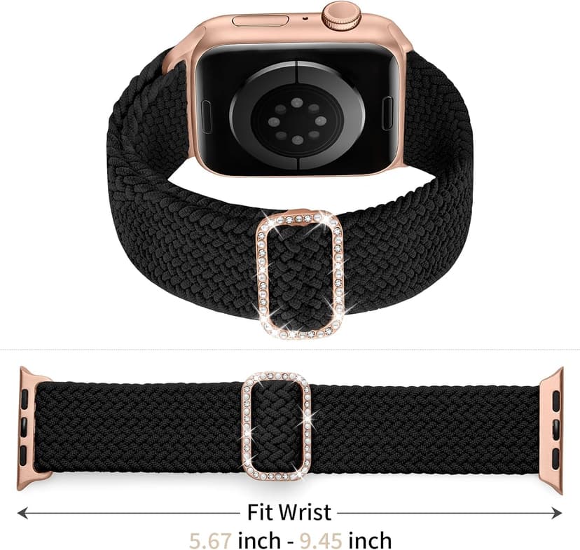 KYISGOS Stretchy Solo Loop Compatible with Apple Watch Band 42mm 41mm 40mm 38mm Women, Nylon Strap with Bling Pearl and Diamond Buckle for iWatch Series 11 10 9 8 7 6 5 4 3 2 1 SE (Black/Rose Gold)