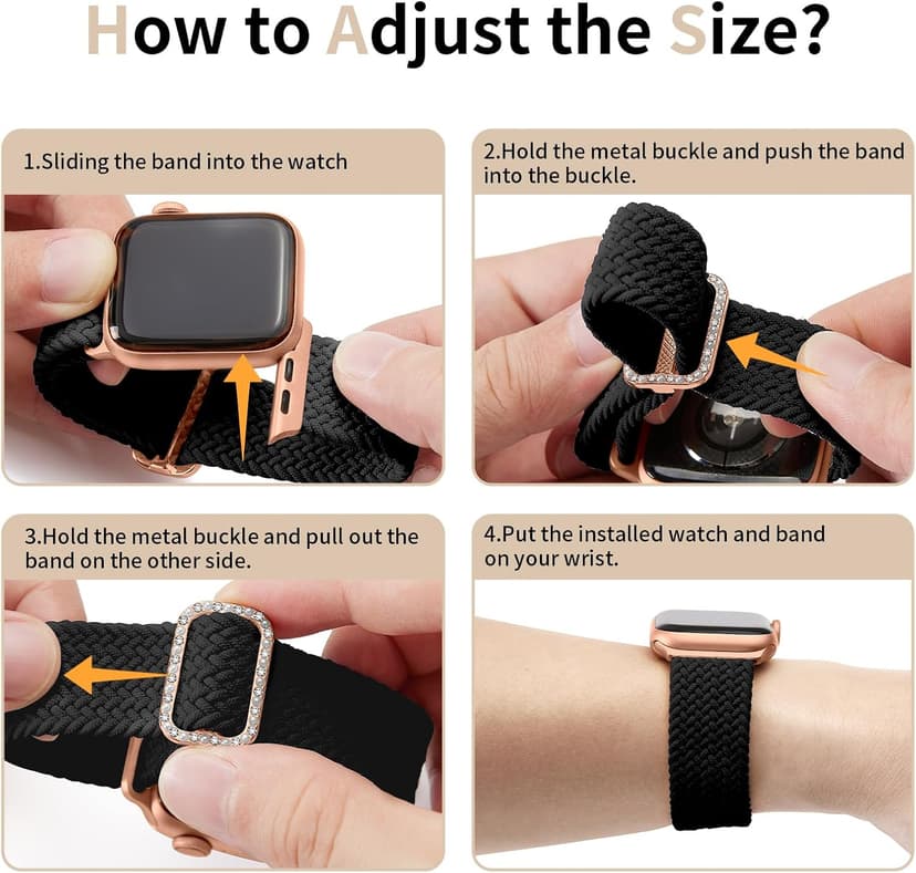 KYISGOS Stretchy Solo Loop Compatible with Apple Watch Band 42mm 41mm 40mm 38mm Women, Nylon Strap with Bling Pearl and Diamond Buckle for iWatch Series 11 10 9 8 7 6 5 4 3 2 1 SE (Black/Rose Gold)