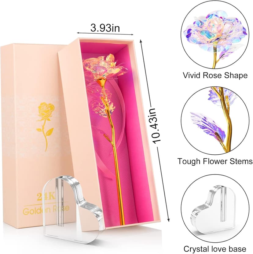 Beferr Gifts for Women Mom Galaxy Rose Glass Crystal Flowers with Heart-Shaped Base Eternal Roses Forever Flowers Mother's Birthday Gifts for Grandma Daughters Wife Sister Kids