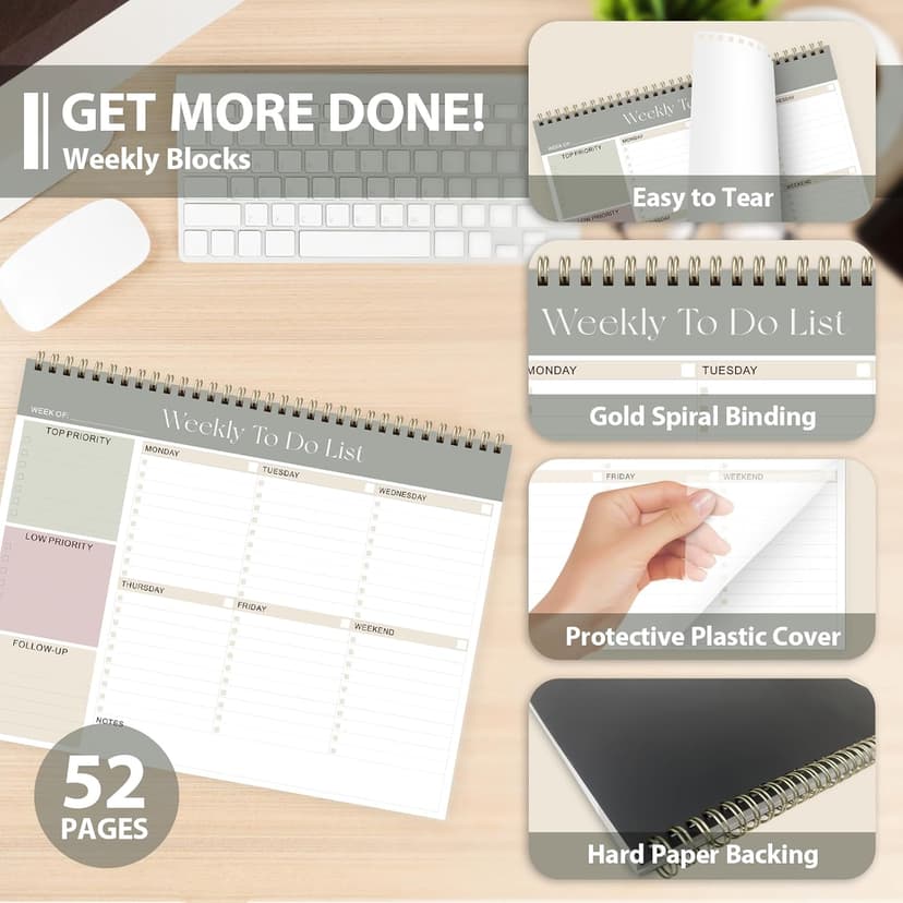 Weekly To Do List Notepad, Undated Planner with 52 Sheets (8.5''x11''), Desk Weekly Planner for Women & Man, Home School & Work