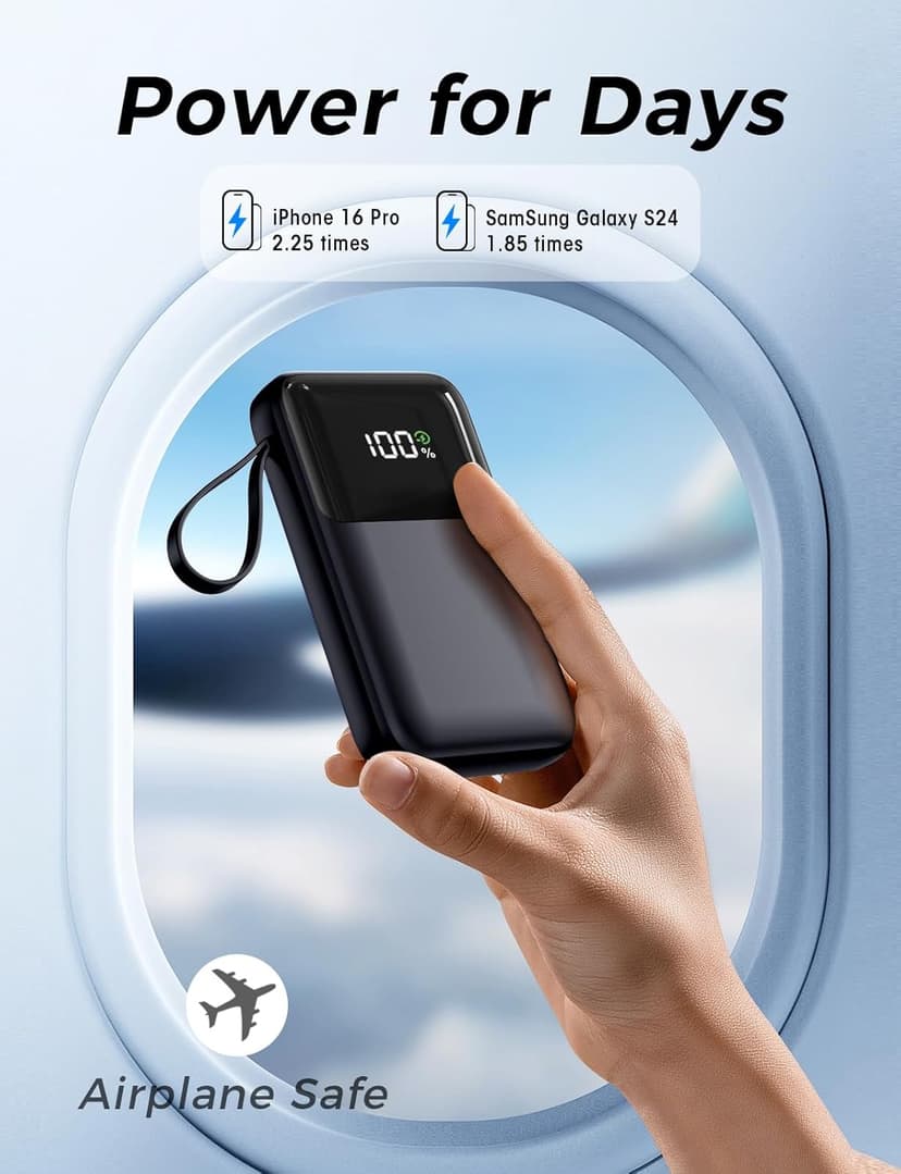 Power Bank, 15000mAh Portable Charger with Built in Cable, 22.5W Fast Charging, 6 Outputs, Slim Travel Essential Battery Pack with LED Display, Compatible with iPhone 16/15/14/13, Samsung, iPad, etc